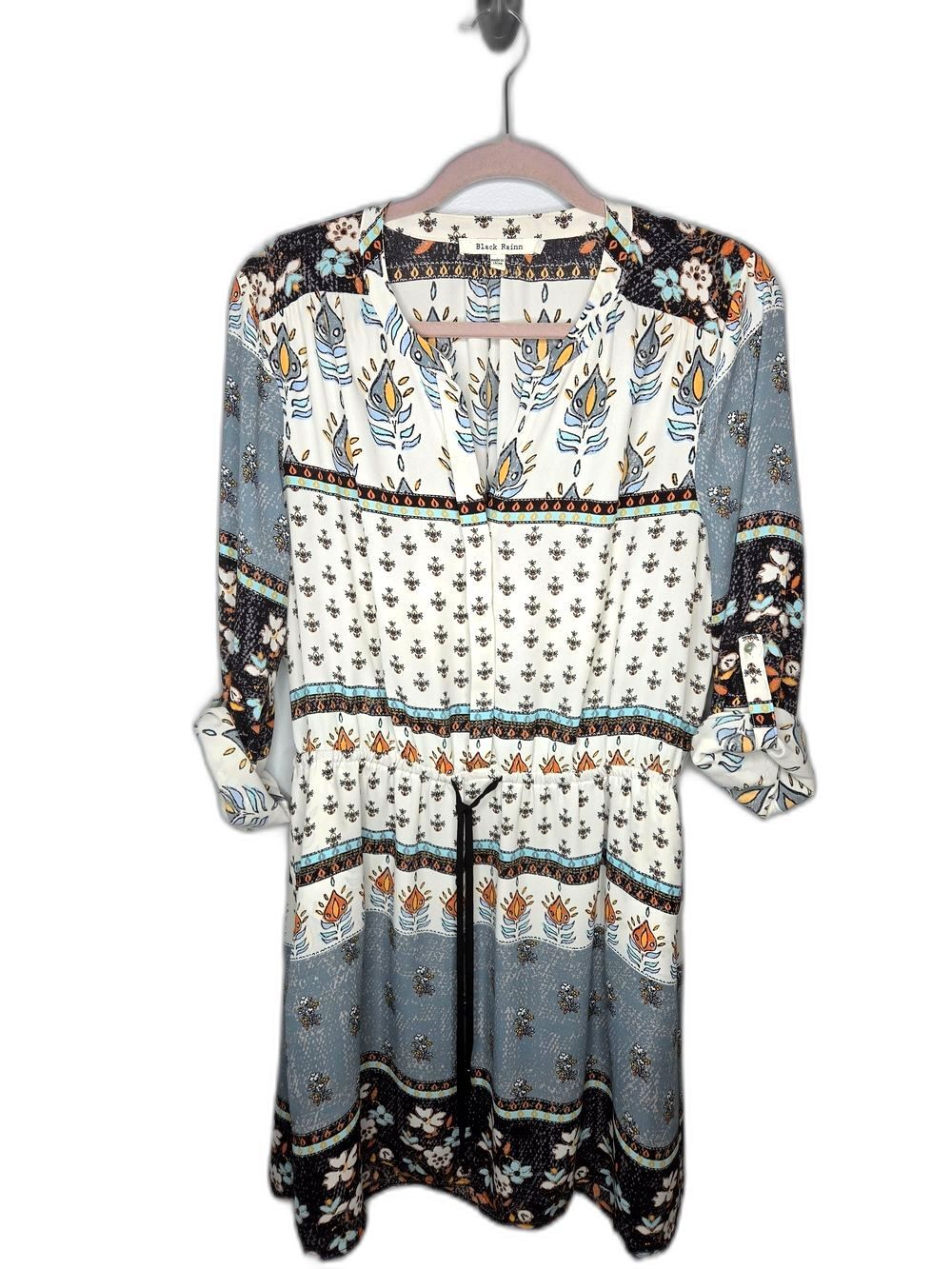Boho Floral Midi Dress in Cream and Blue with Drawstring Waist